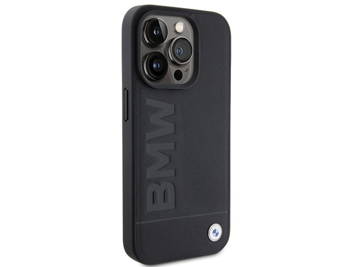 Capa para iPhone 15 Pro Max em couro com gravação a quente da BMW - Preta