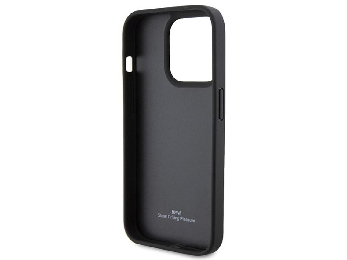 Capa para iPhone 15 Pro Max em couro com gravação a quente da BMW - Preta