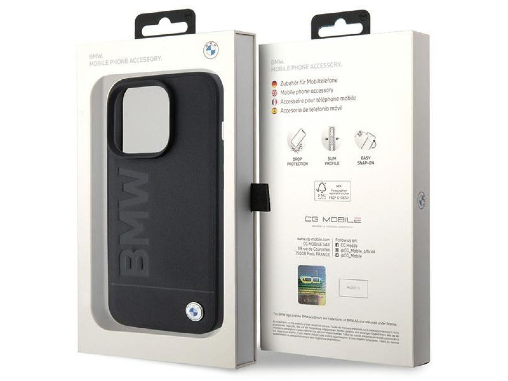 Capa para iPhone 15 Pro Max em couro com gravação a quente da BMW - Preta