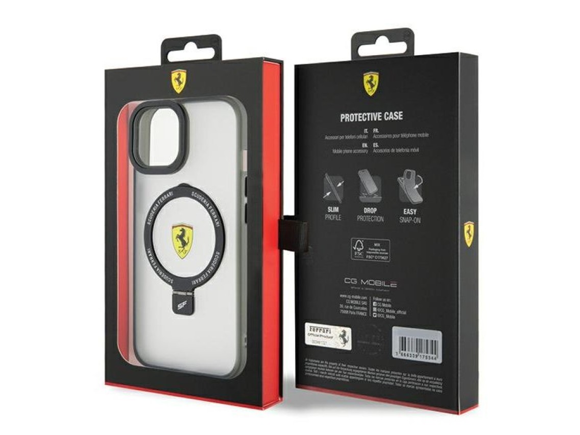 Ferrari FEHMP15SUSCAH iPhone 15 6.1" capa rígida transparente Ring Stand 2023 Coleção MagSafe