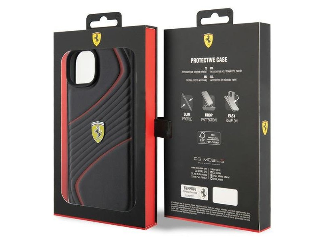 Capa Ferrari Twist Metal Logo para iPhone 15 Plus - preta