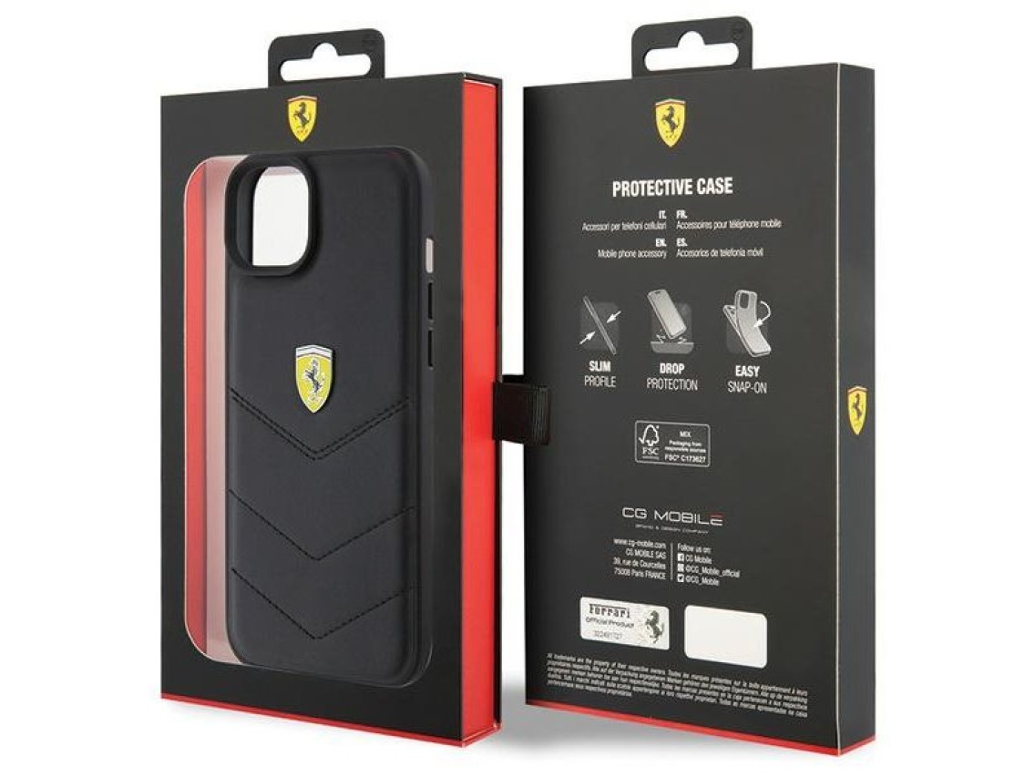 Ferrari FEHCP15MRDUK iPhone 15 Plus 6.7" capa rígida preta/preta com logotipo em metal acolchoado
