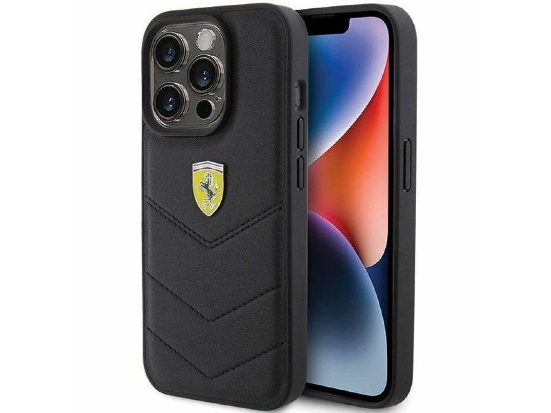 Capa Ferrari com logotipo metálico acolchoado para iPhone 15 Pro - preta