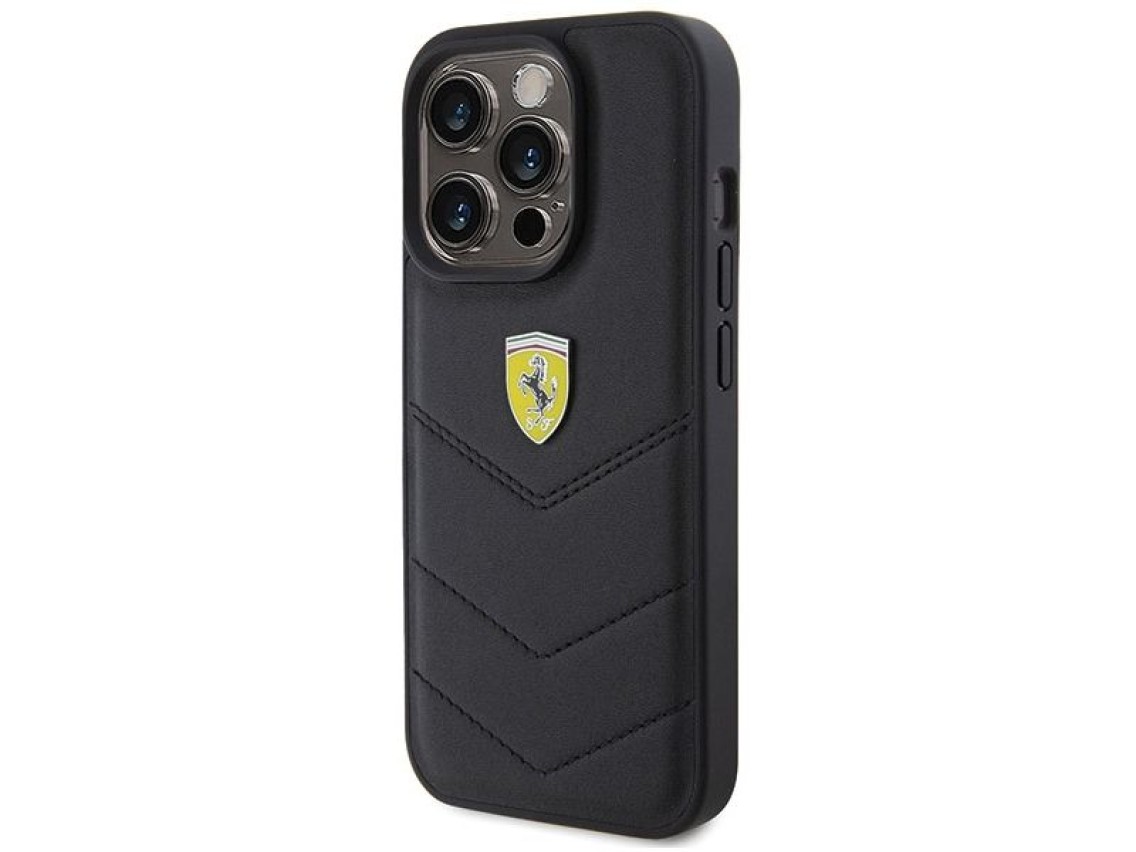 Capa Ferrari com logotipo metálico acolchoado para iPhone 15 Pro - preta