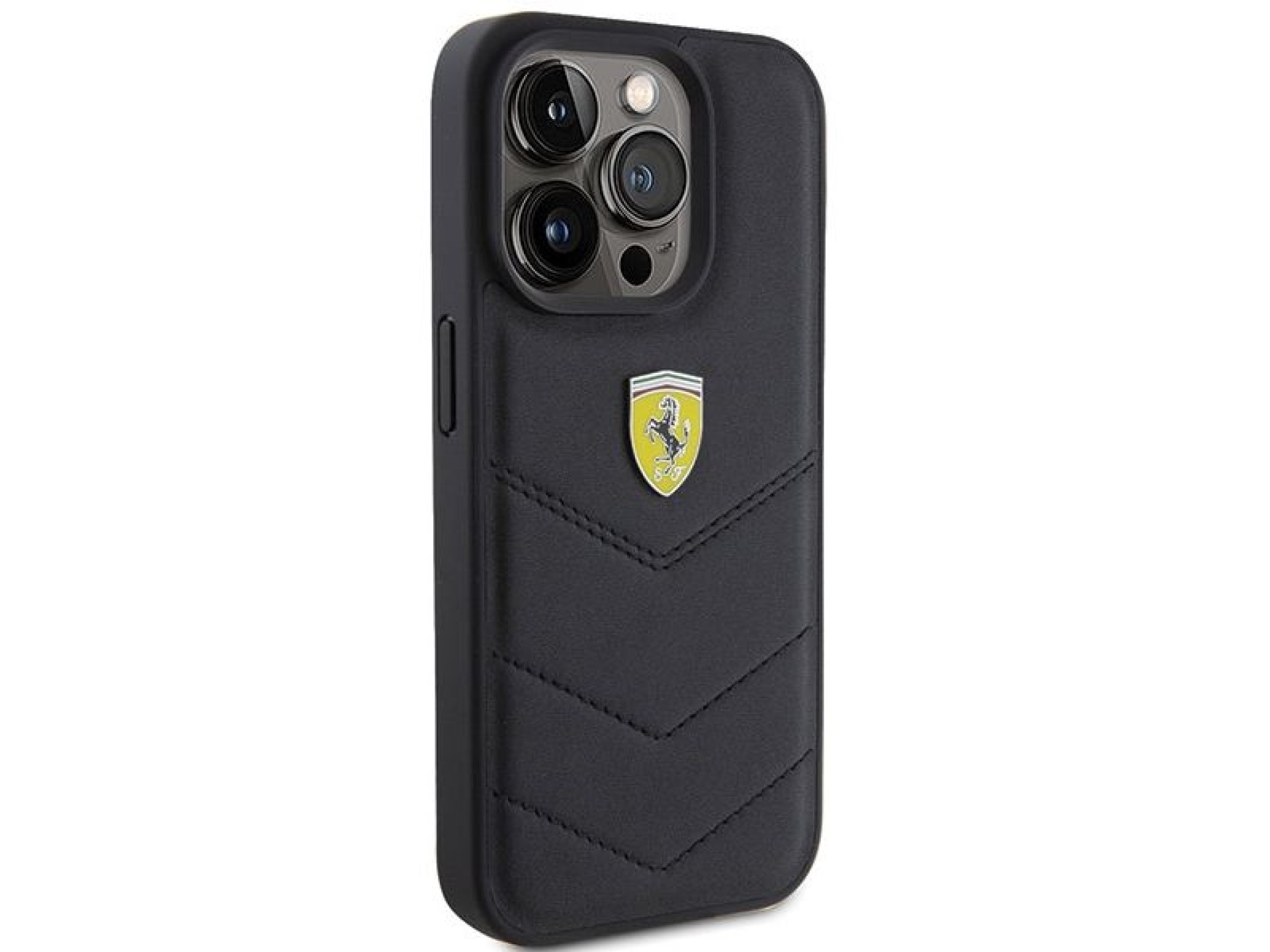 Capa Ferrari com logotipo metálico acolchoado para iPhone 15 Pro - preta