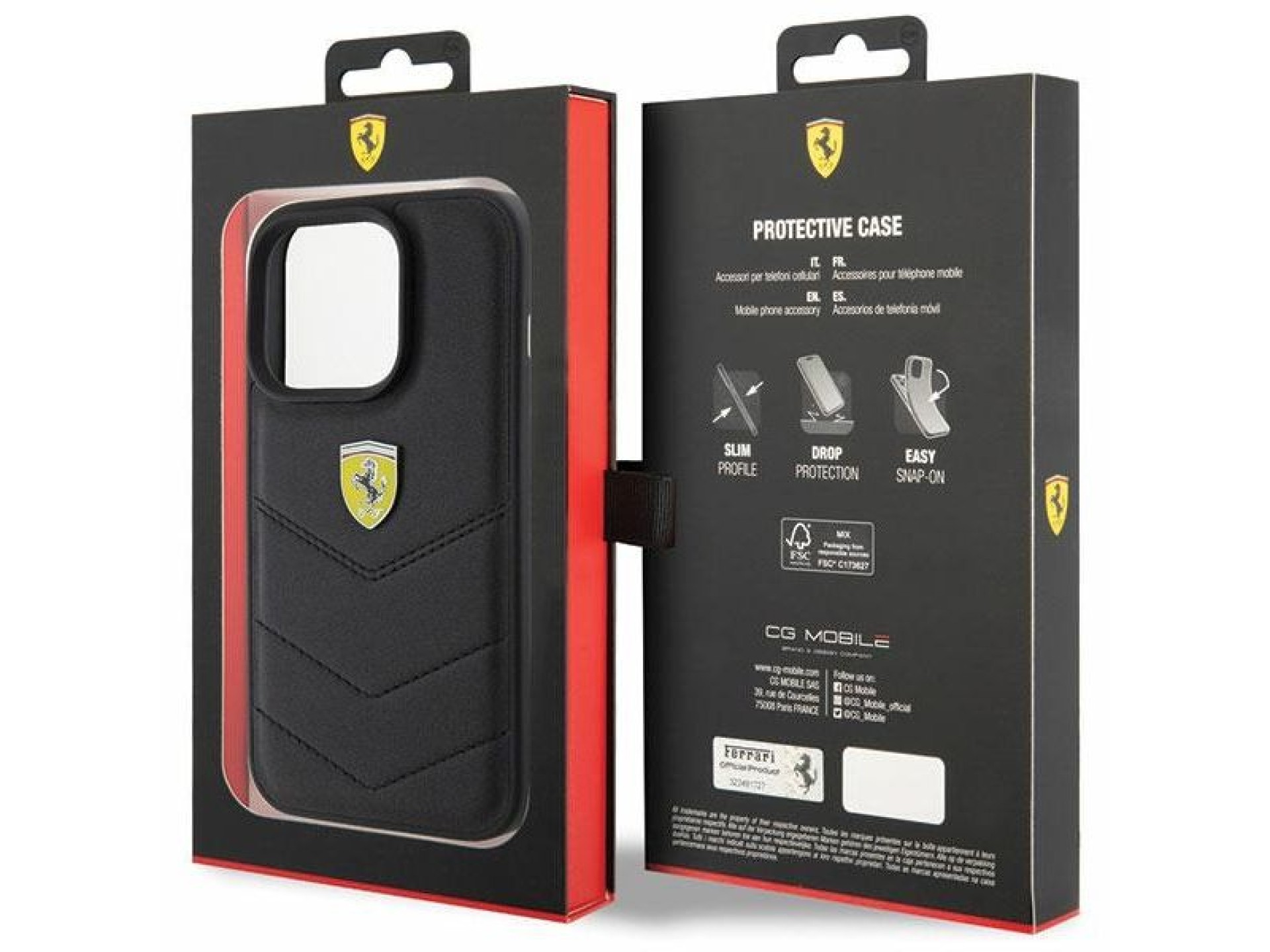 Capa Ferrari com logotipo metálico acolchoado para iPhone 15 Pro - preta