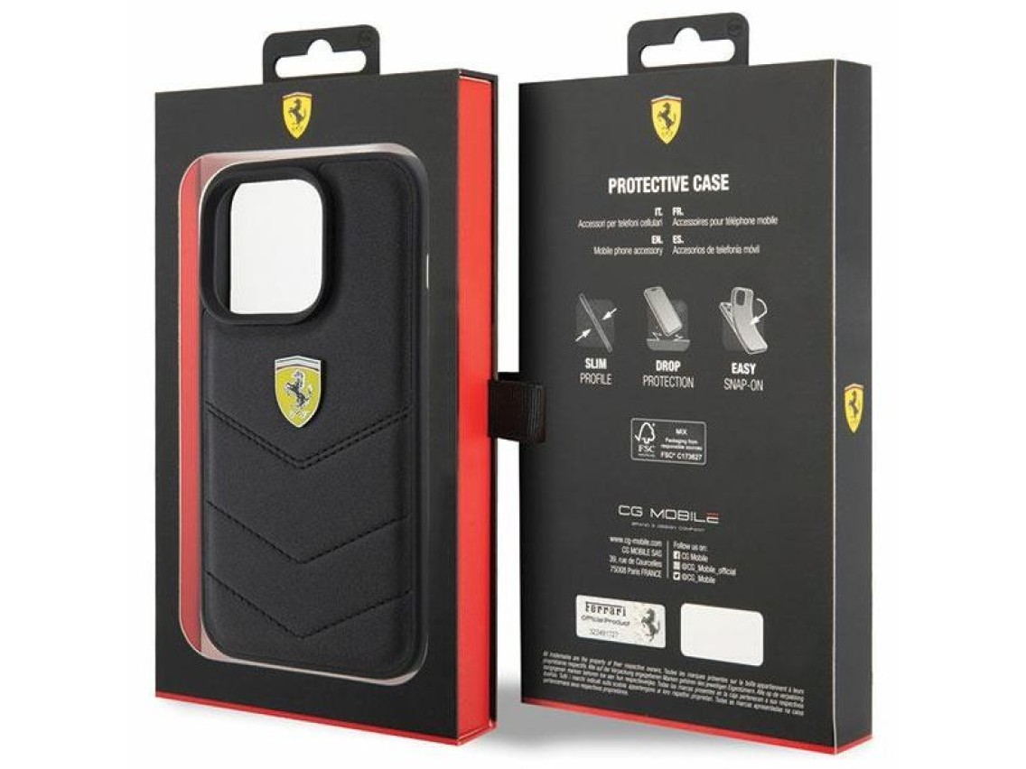 Capa Ferrari com logotipo metálico acolchoado para iPhone 15 Pro - preta