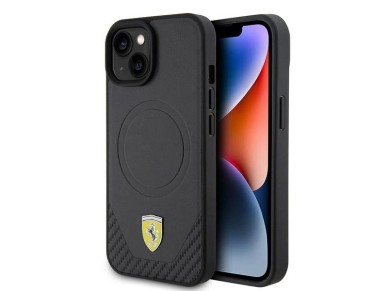 Ferrari FEHMP15SPTEK iPhone 15 6.1" capa r�gida preta/preta com logotipo em metal carbono e MagSafe