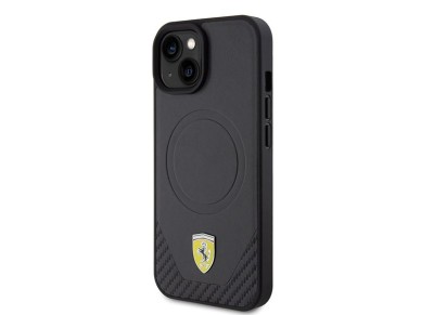 Ferrari FEHMP15SPTEK iPhone 15 6.1" capa r�gida preta/preta com logotipo em metal carbono e MagSafe