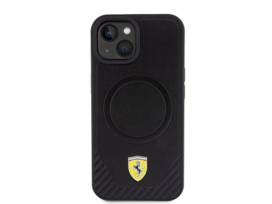 Ferrari FEHMP15SPTEK iPhone 15 6.1" capa r�gida preta/preta com logotipo em metal carbono e MagSafe