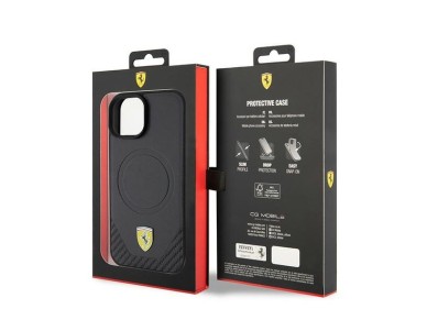 Ferrari FEHMP15SPTEK iPhone 15 6.1" capa r�gida preta/preta com logotipo em metal carbono e MagSafe