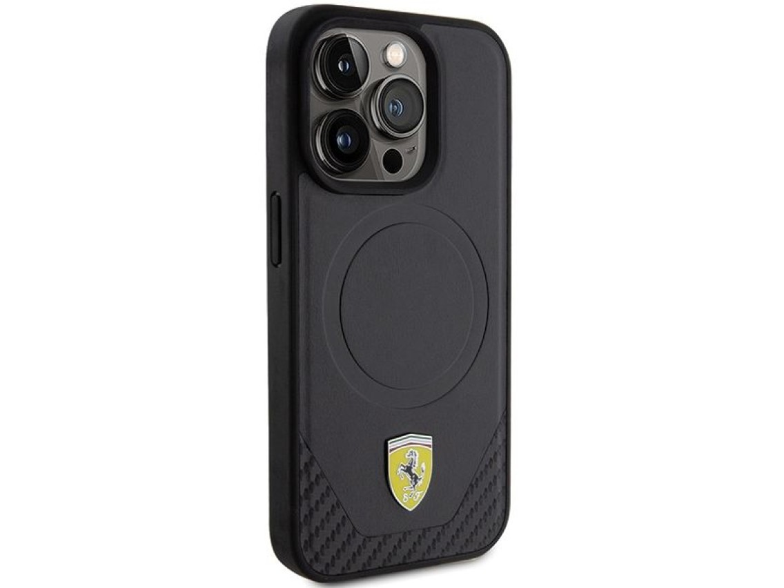 Capa MagSafe Ferrari Carbon Metal Logo para iPhone 15 Pro - preta