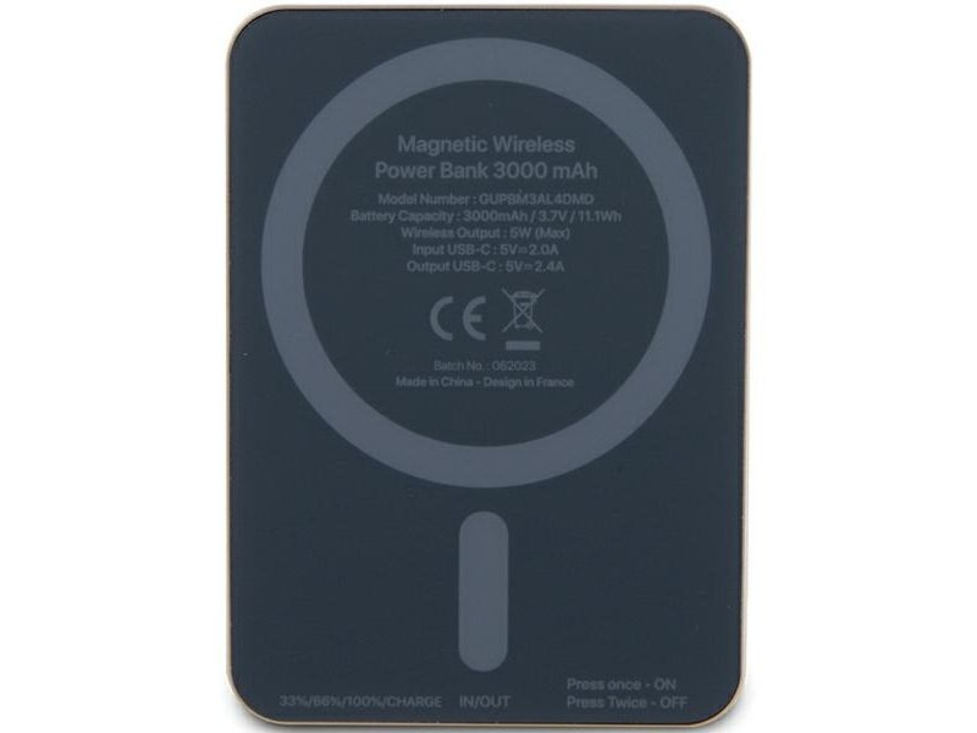 Batería externa Guess MagSafe Metal Script Logo con carga por inducción, 5W, 3000mAh - color dorado