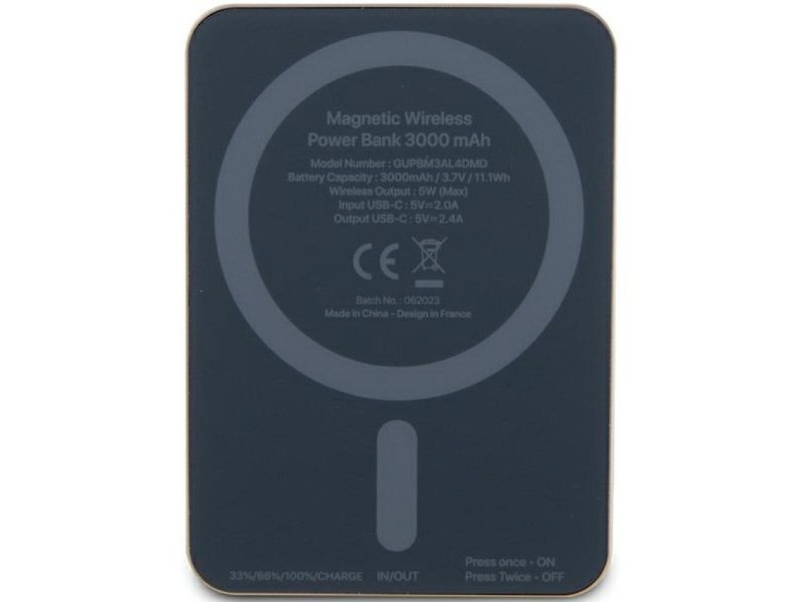 Batería externa Guess MagSafe Metal Script Logo con carga por inducción, 5W, 3000mAh - color dorado