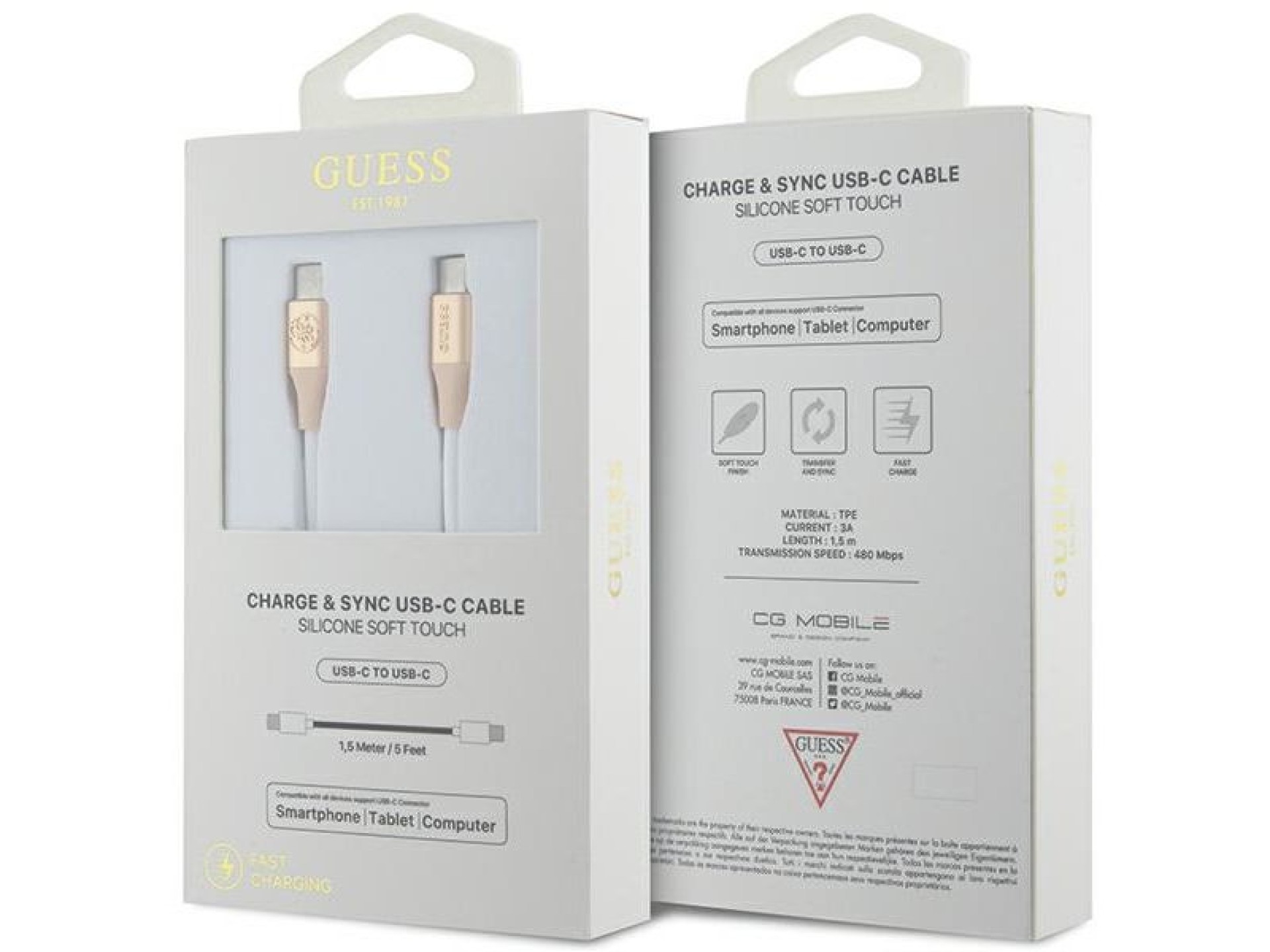 Guess Ebossed Logo USB-C / USB-C Cable 1.5m Fast Charging - Gold
