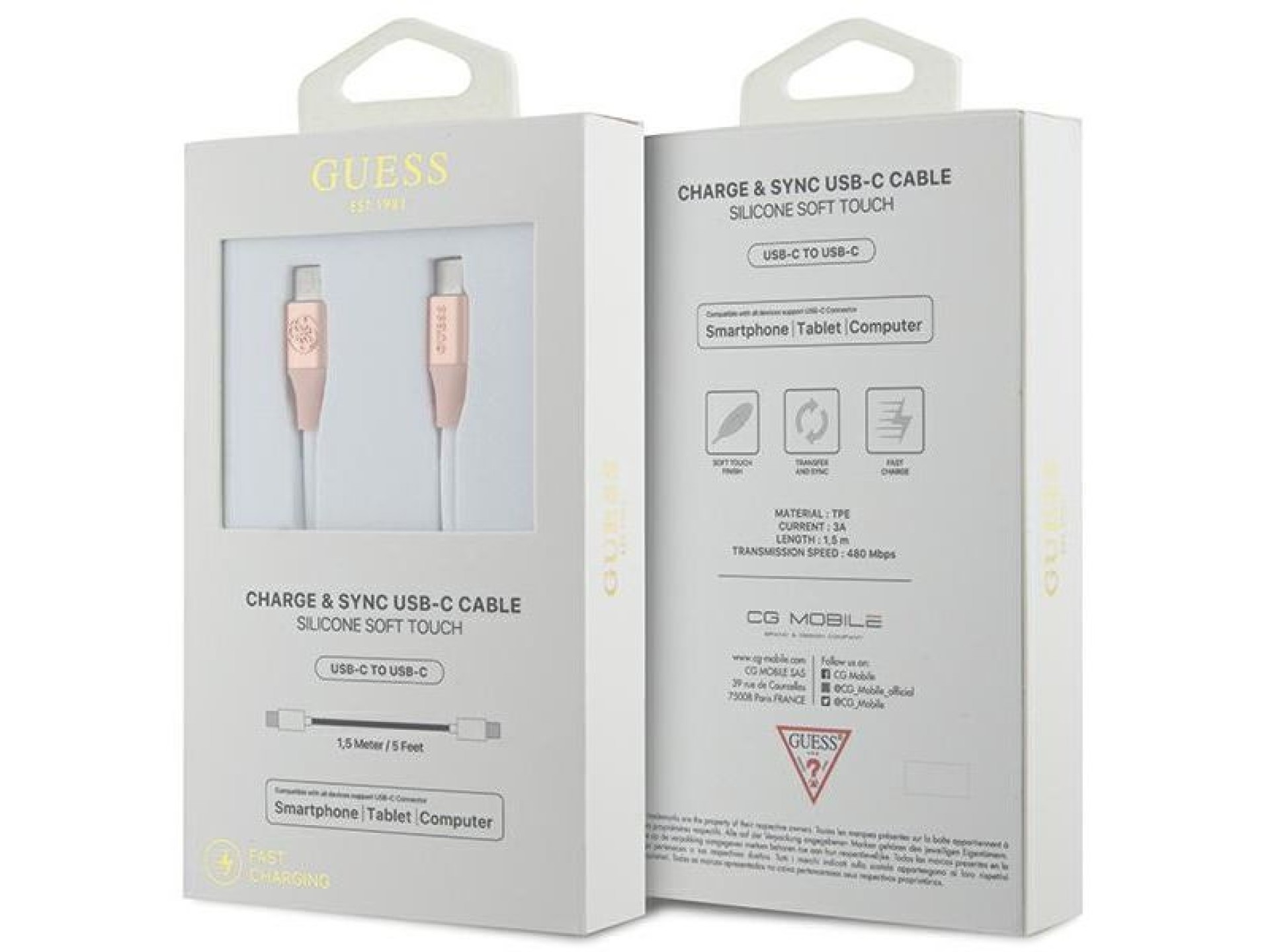 Cabo USB-C Guess com logotipo em relevo, 1,5 m, carregamento rápido - Rosa