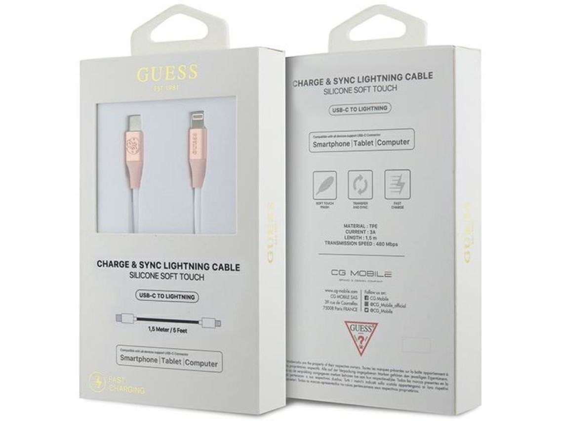 Guess Ebossed Logo USB-C / Lightning Cable 1.5m Fast Charging - Pink