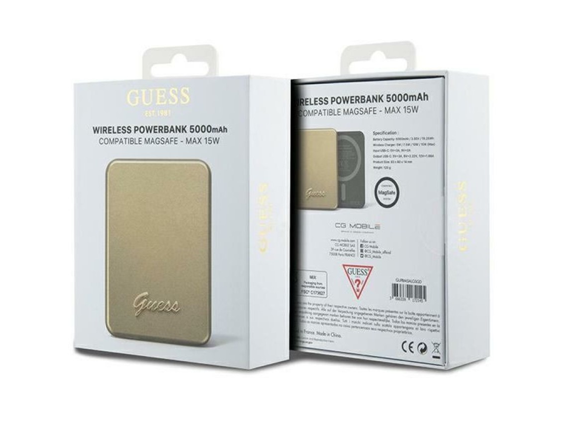 Batería externa Guess MagSafe Metal Script Logo con carga por inducción, 15 W, 5000 mAh - color dora