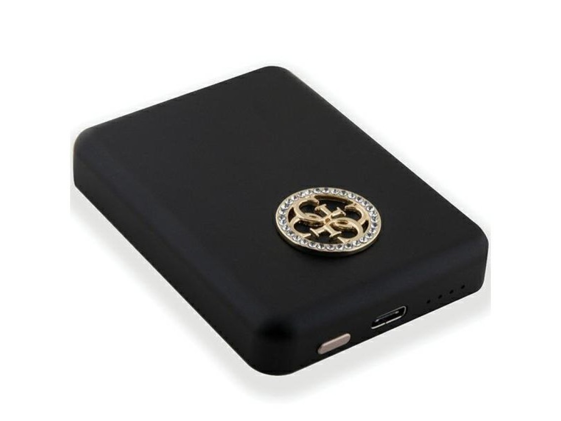 Carregador portátil Guess MagSafe 4G com logotipo metálico strass, 15W, 5000mAh - preto