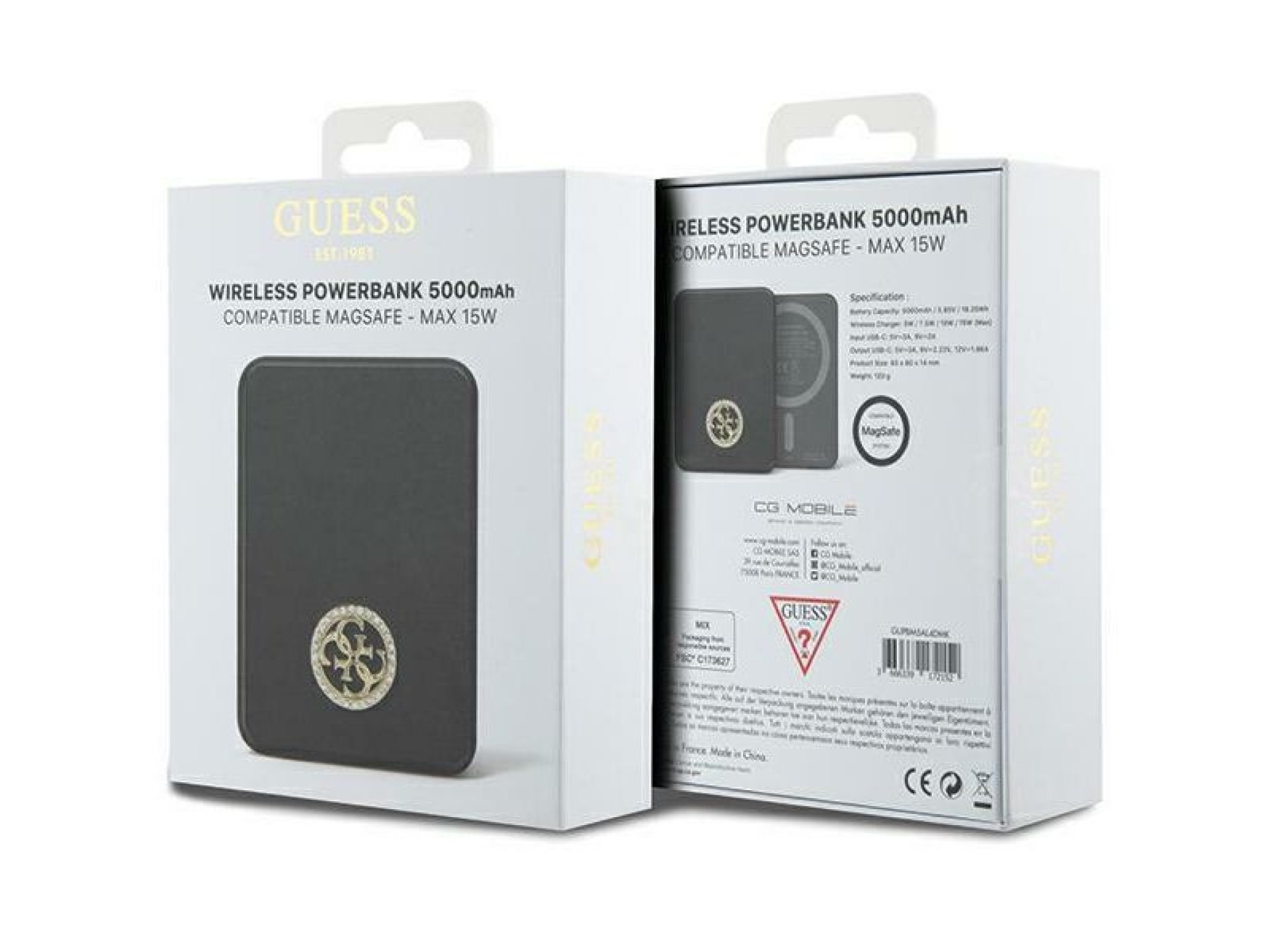 Carregador portátil Guess MagSafe 4G com logotipo metálico strass, 15W, 5000mAh - preto