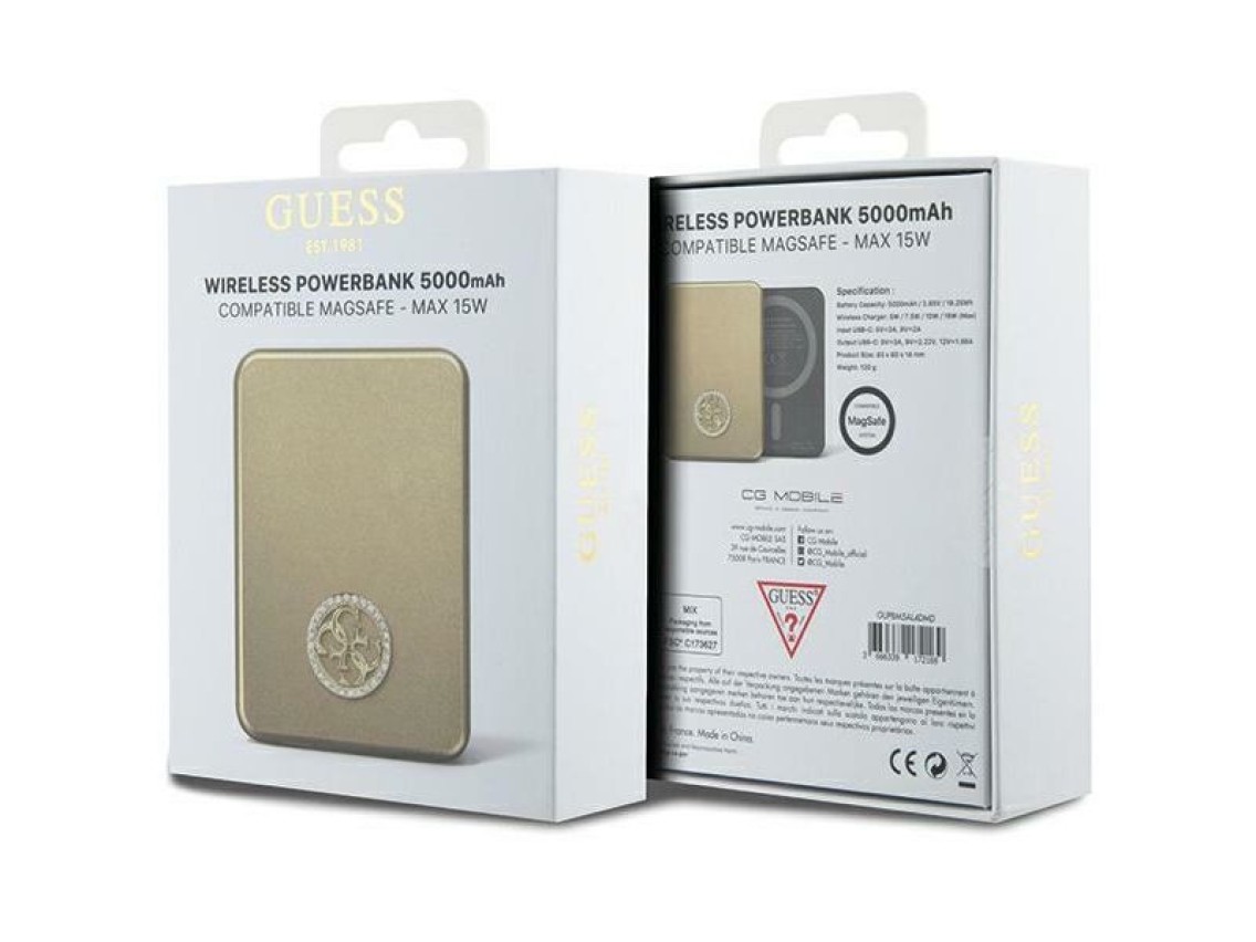 Carregador portátil Guess MagSafe 4G com logotipo metálico strass, 15W, 5000mAh - dourado