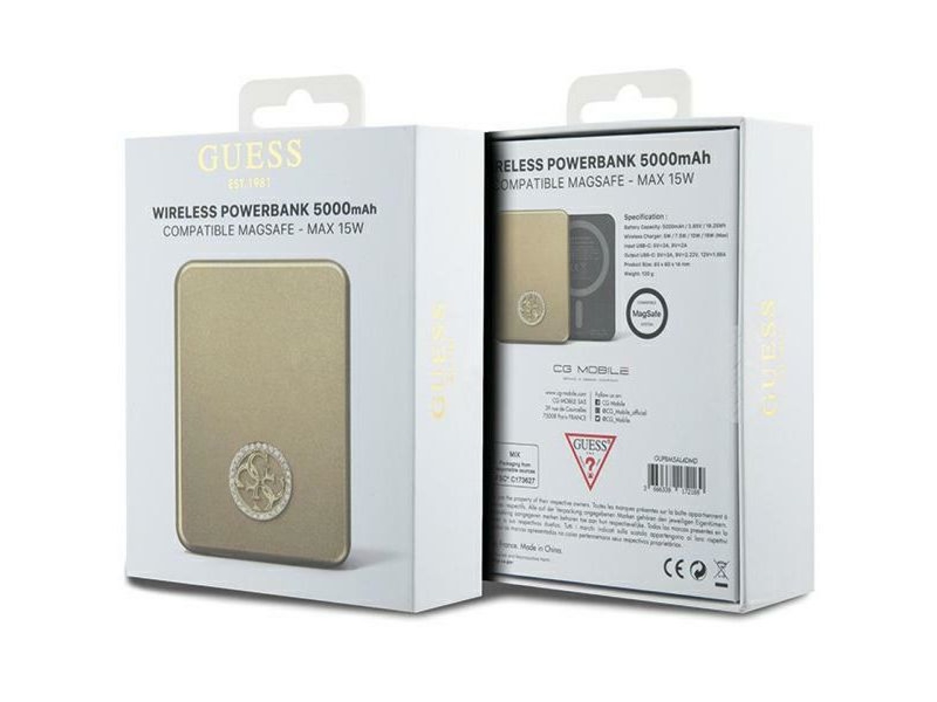 Carregador portátil Guess MagSafe 4G com logotipo metálico strass, 15W, 5000mAh - dourado