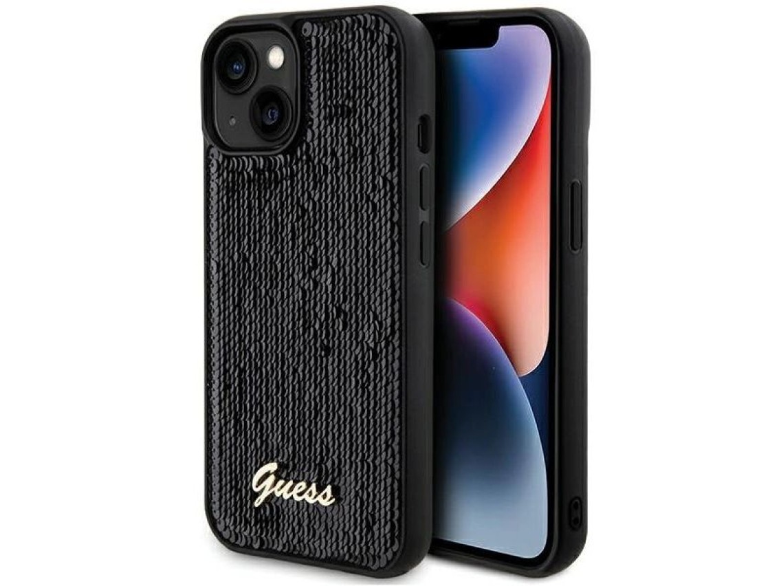 Funda Guess Sequin Script Metal para iPhone 14 / 15 / 13 - negra