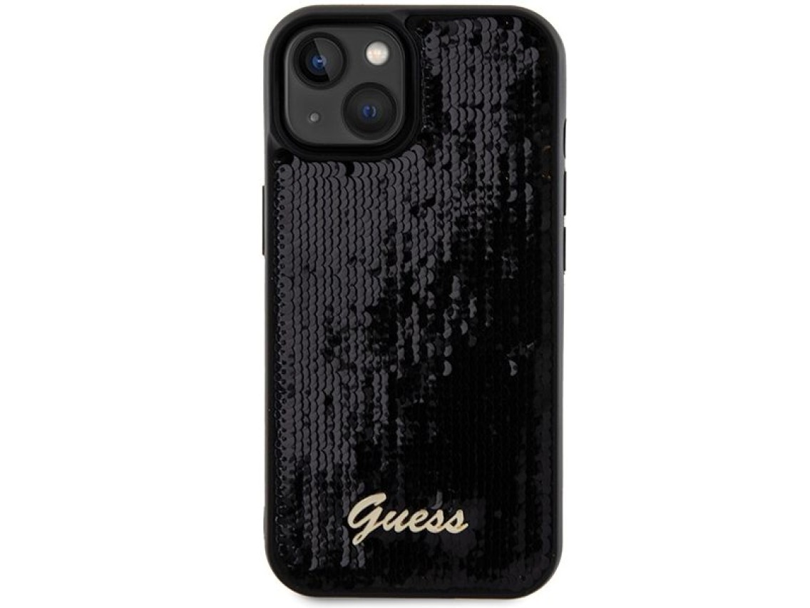 Funda Guess Sequin Script Metal para iPhone 14 / 15 / 13 - negra