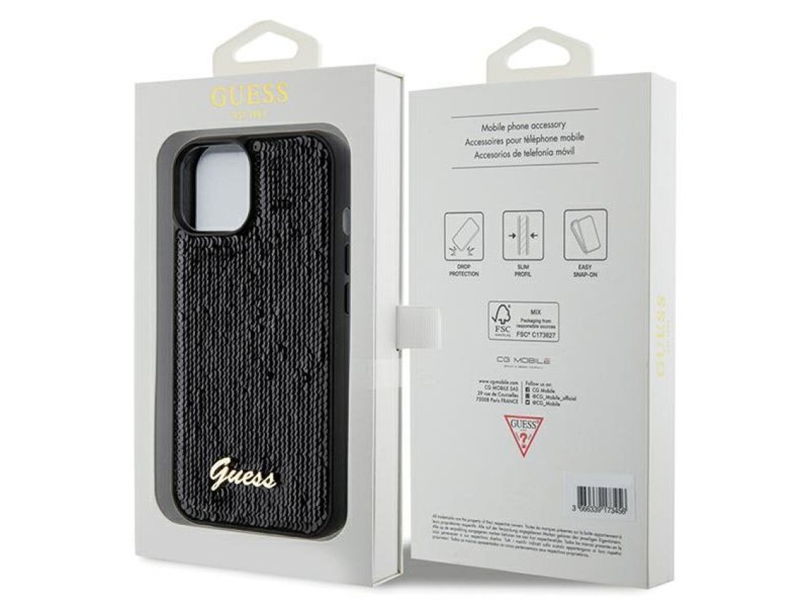 Funda Guess Sequin Script Metal para iPhone 14 / 15 / 13 - negra