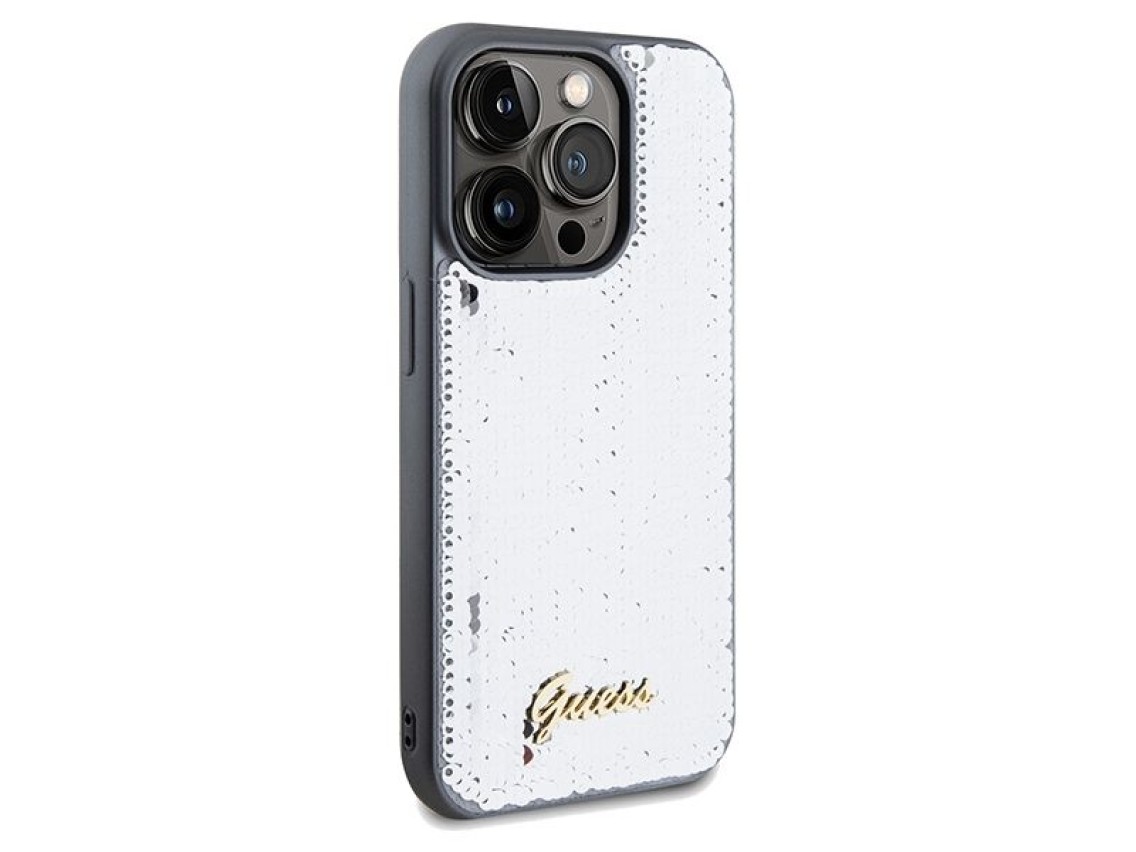 Funda metálica Guess Sequin Script para iPhone 14 Pro Max - plateada