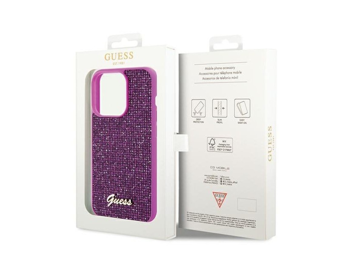 Capa Guess Disco Metal Script para iPhone 14 Pro - fúcsia