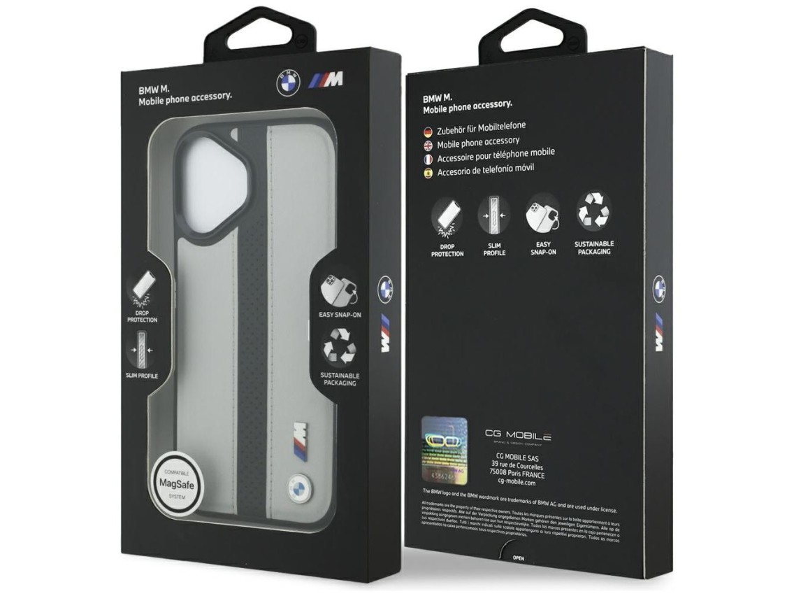 Funda MagSafe BMW M con logotipo de franja perforada para iPhone 17 - Gris