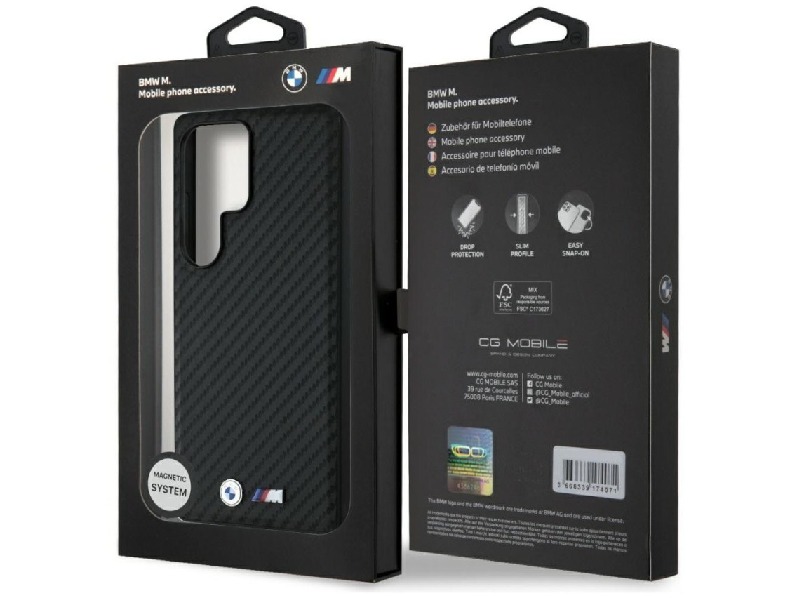 Capa MagSafe em couro e fibra de carbono da BMW para Samsung Galaxy S25 Ultra - Preta
