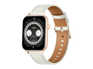 Rel�gio inteligente COLMI C28 na cor dourada com pulseira de couro branca.