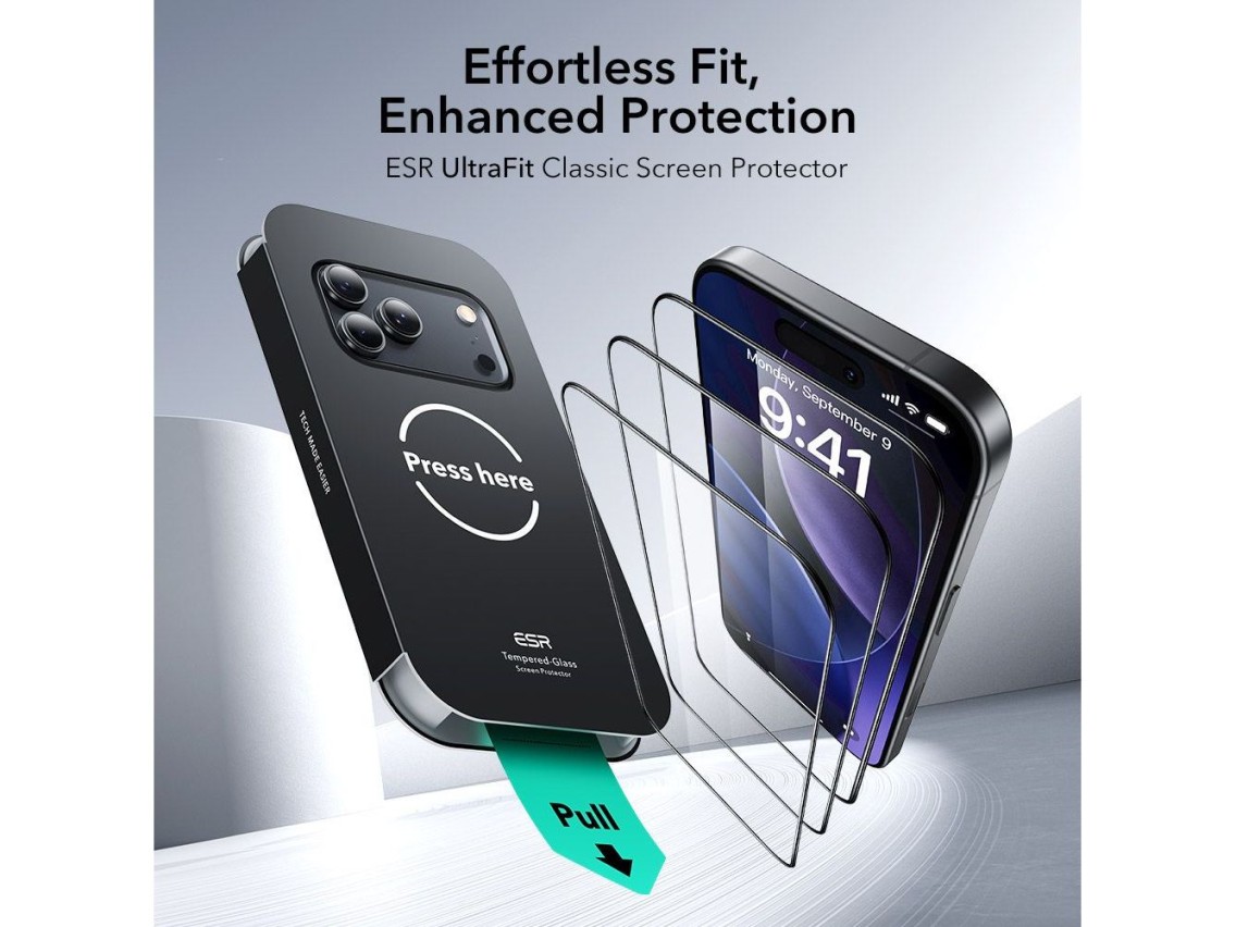 Kit com 2 películas de vidro temperado ESR UltraFit para iPhone 17 Pro - transparente
