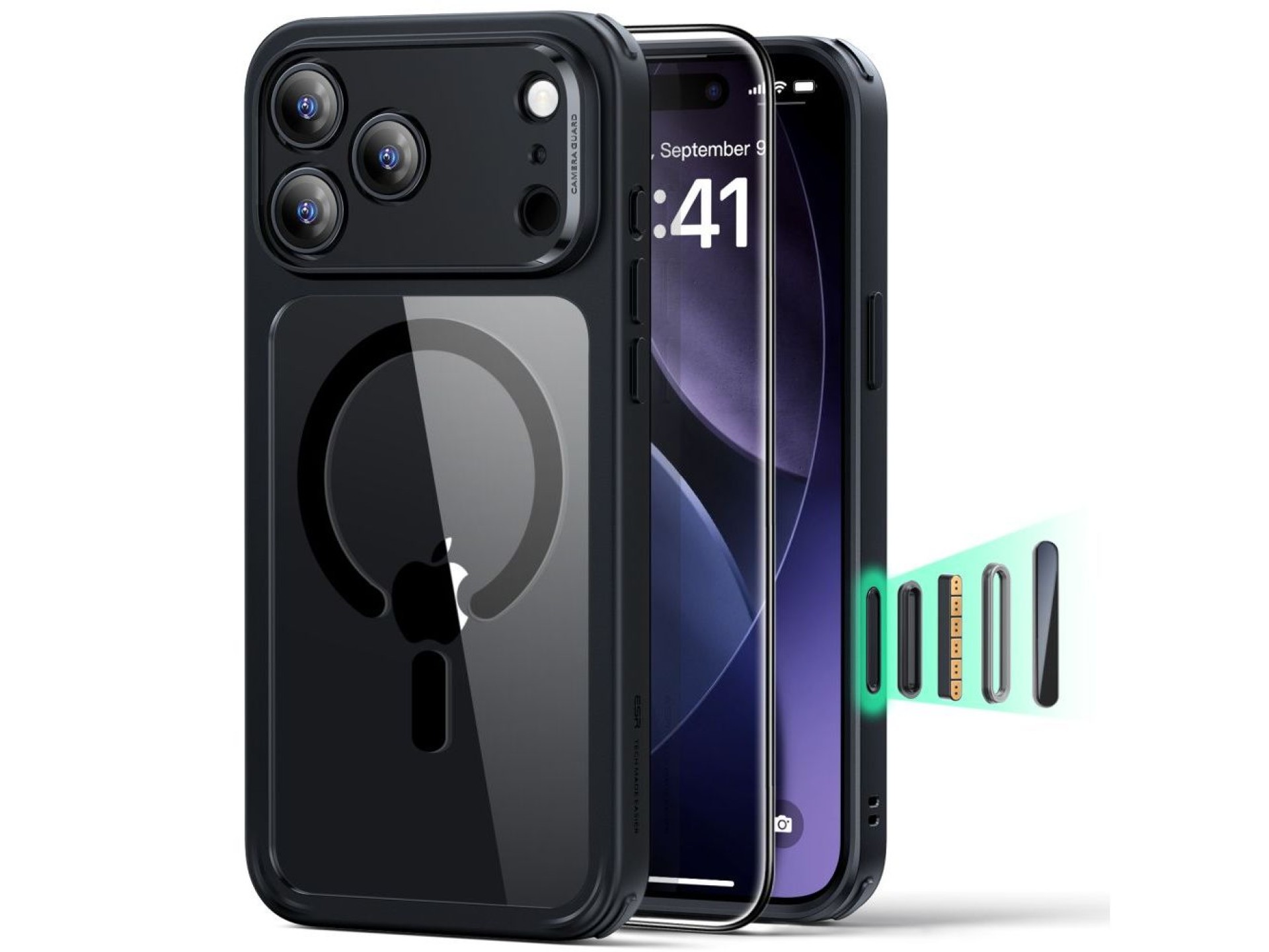 Juego de fundas ESR Classic Hybrid MagSafe + cristal templado para iPhone 17 Pro - Negro transparent