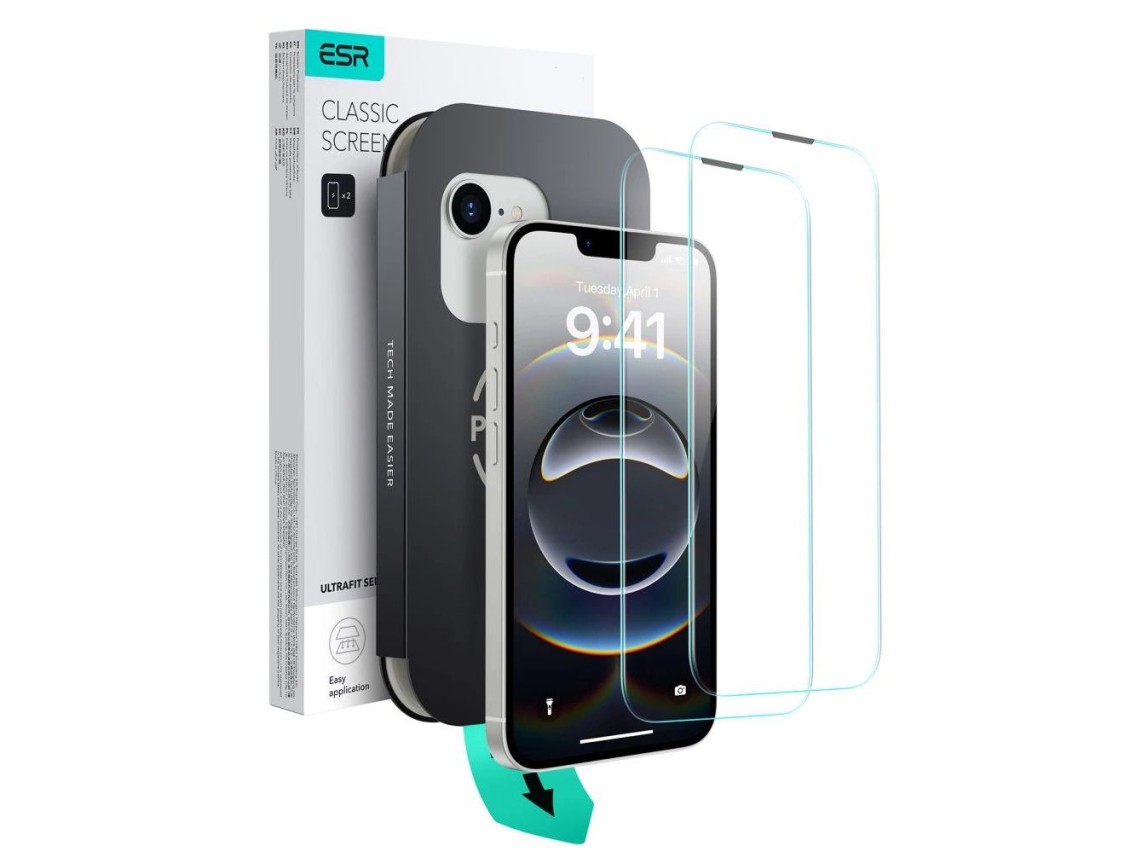 Capa de vidro temperado ESR UltraFit (pacote com 2) para iPhone 13 / 13 Pro / 14 / 16e / 17e