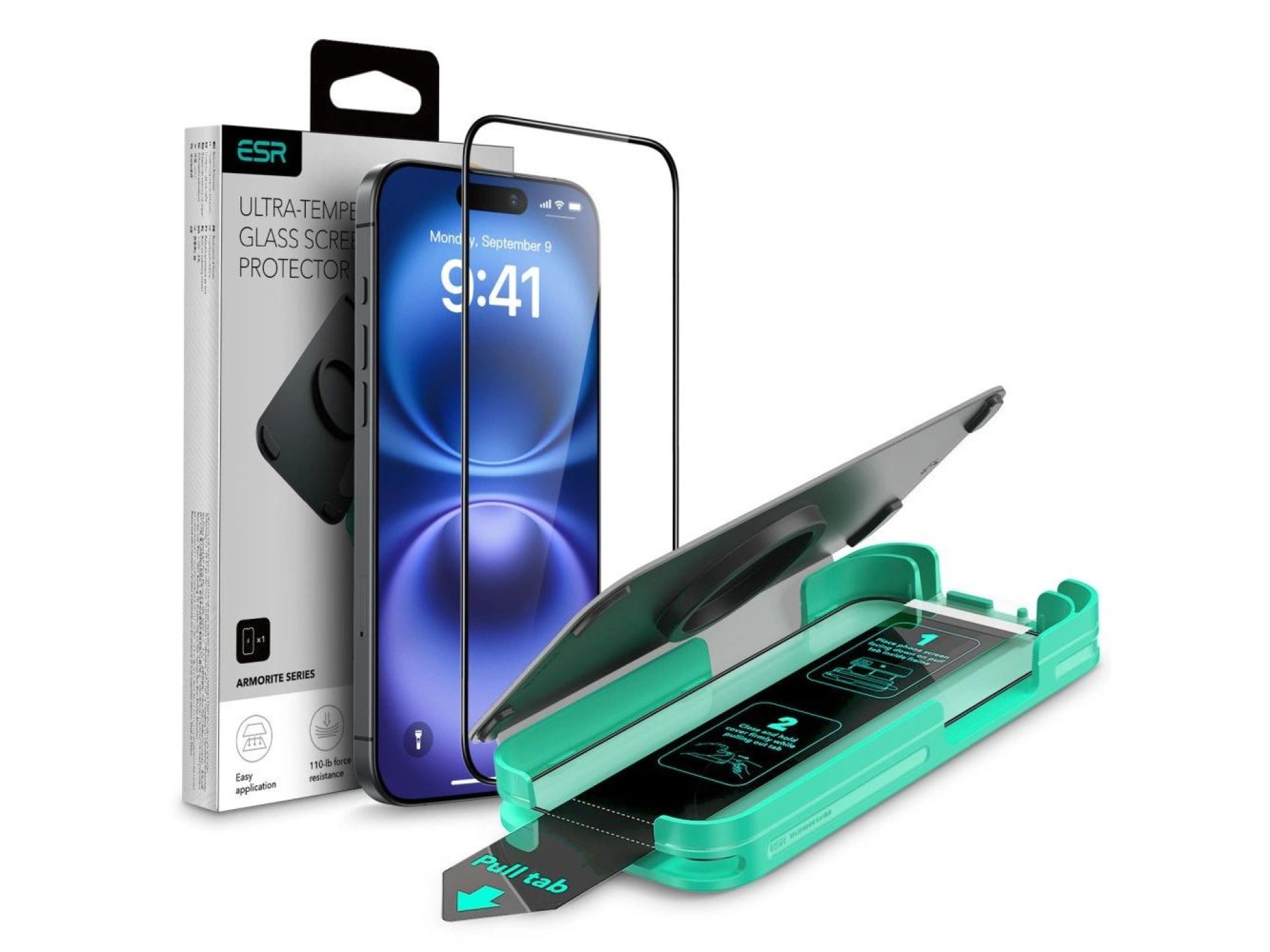 Película de vidro temperado ESR Armorite para iPhone 16 com aplicador - com moldura preta