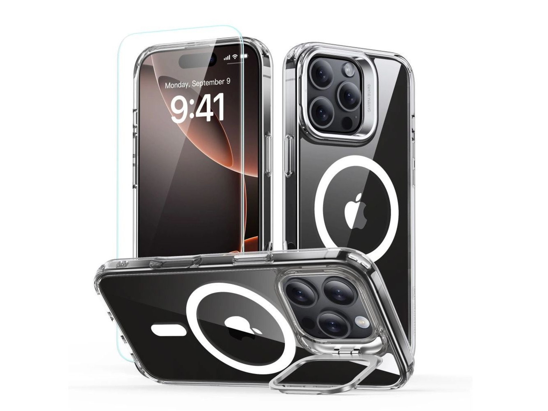 ESR Classic Hybrid Kickstand Halolock MagSafe Case Set with Stand + Tempered Glass for iPhone 16 Pro