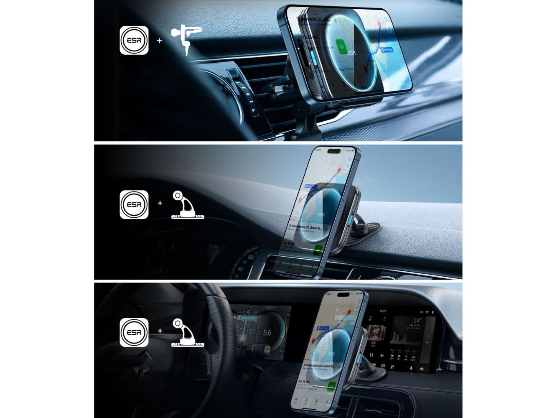 Suporte magnético para carro ESR Halolock QI2 com carregador indutivo MagSafe de 15 W para saída de