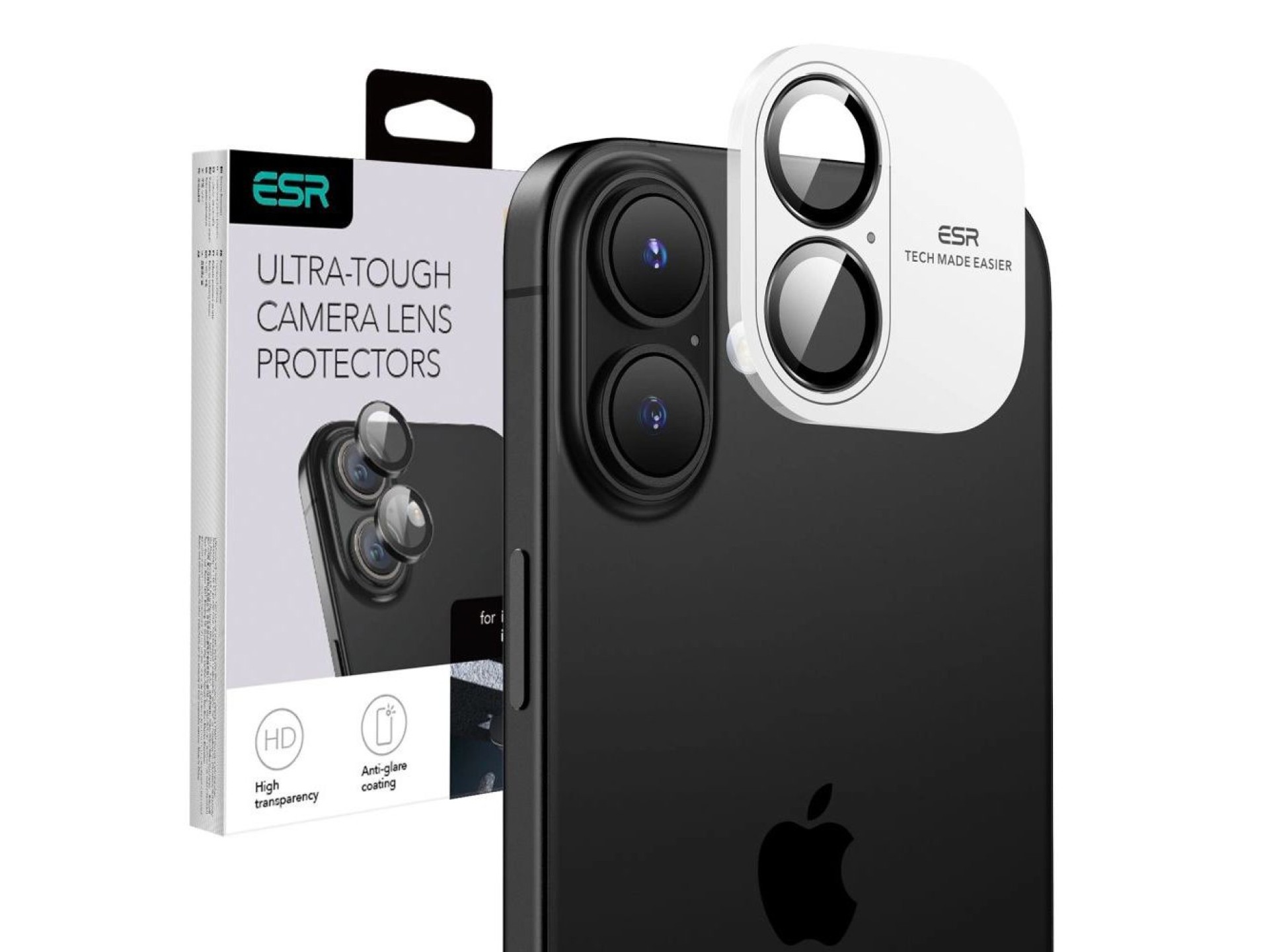 Película de vidro temperado ESR Armorite para câmera do iPhone 16 / 16 Plus - Preta