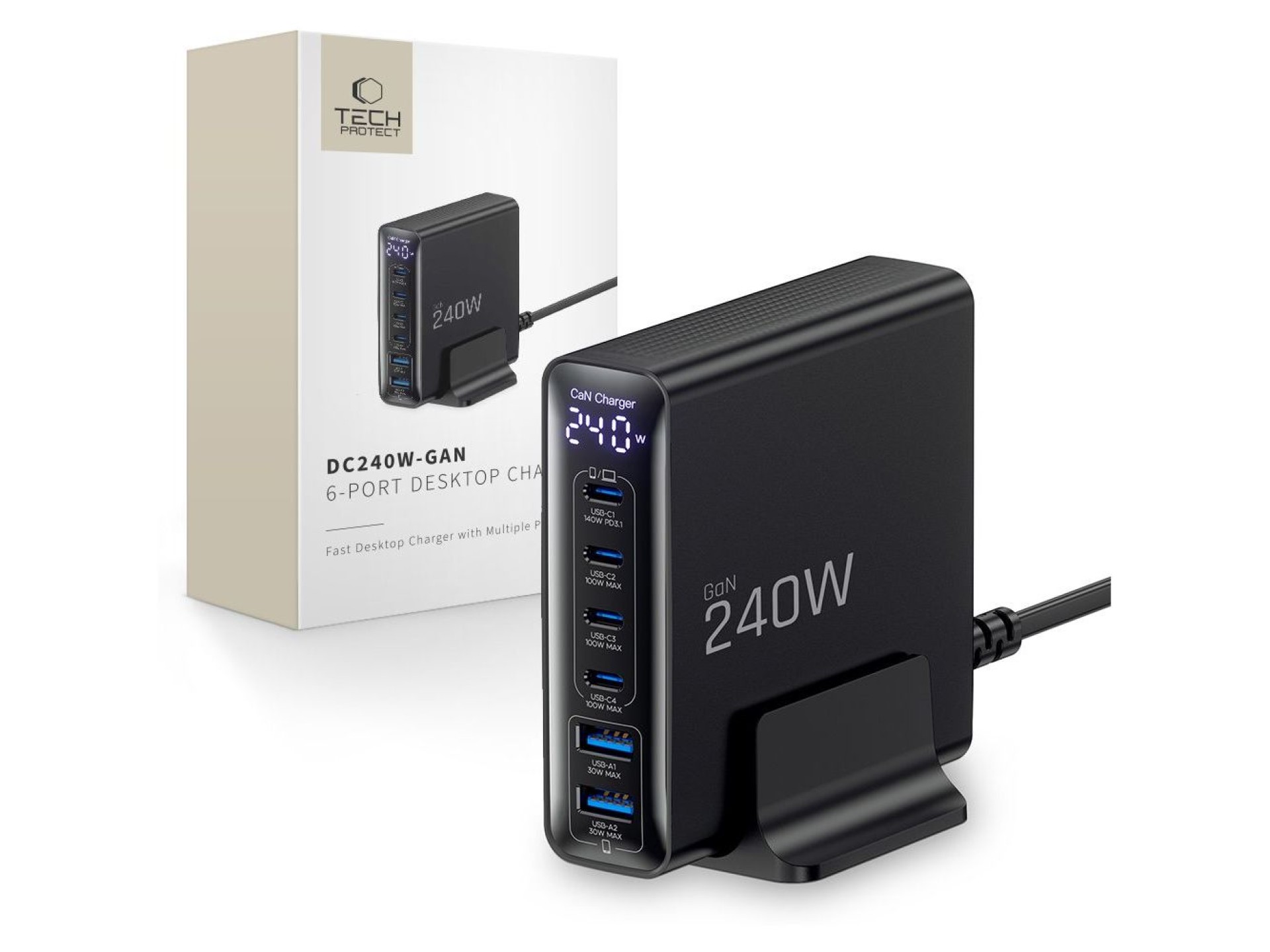 Estación de carga Tech-Protect DC240W-GaN de 6 puertos: 4 x USB-C, 2 x USB-A, 240 W, QC3.0 - Negra