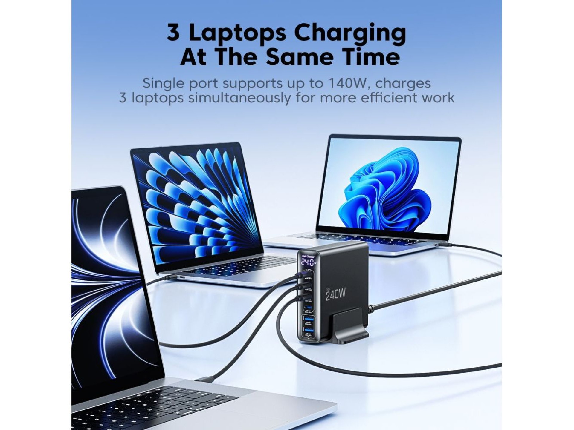 Estación de carga Tech-Protect DC240W-GaN de 6 puertos: 4 x USB-C, 2 x USB-A, 240 W, QC3.0 - Negra