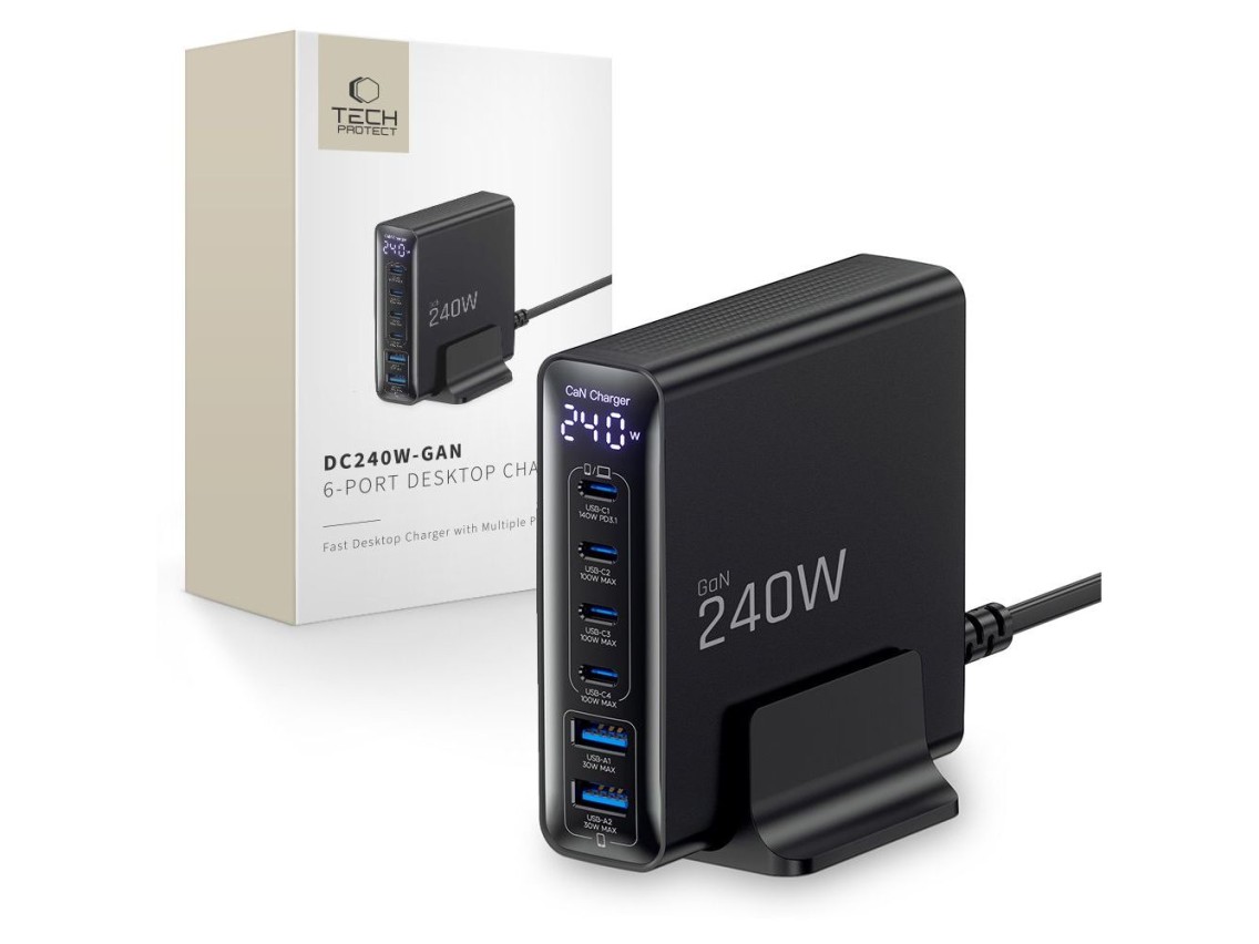 Estación de carga Tech-Protect DC240W-GaN de 6 puertos: 4 x USB-C, 2 x USB-A, 240 W, QC3.0 - Negra