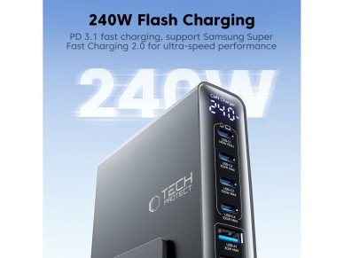 Tech-Protect DC240W-GaN Charging Station 6 Ports 4 x USB-C 2 x USB-A 240W QC3.0 - Black Tech-Protect DC240W-GaN Charging Station 6 Ports 4 x USB-C 2 x USB-A 240W QC3.0 - Black