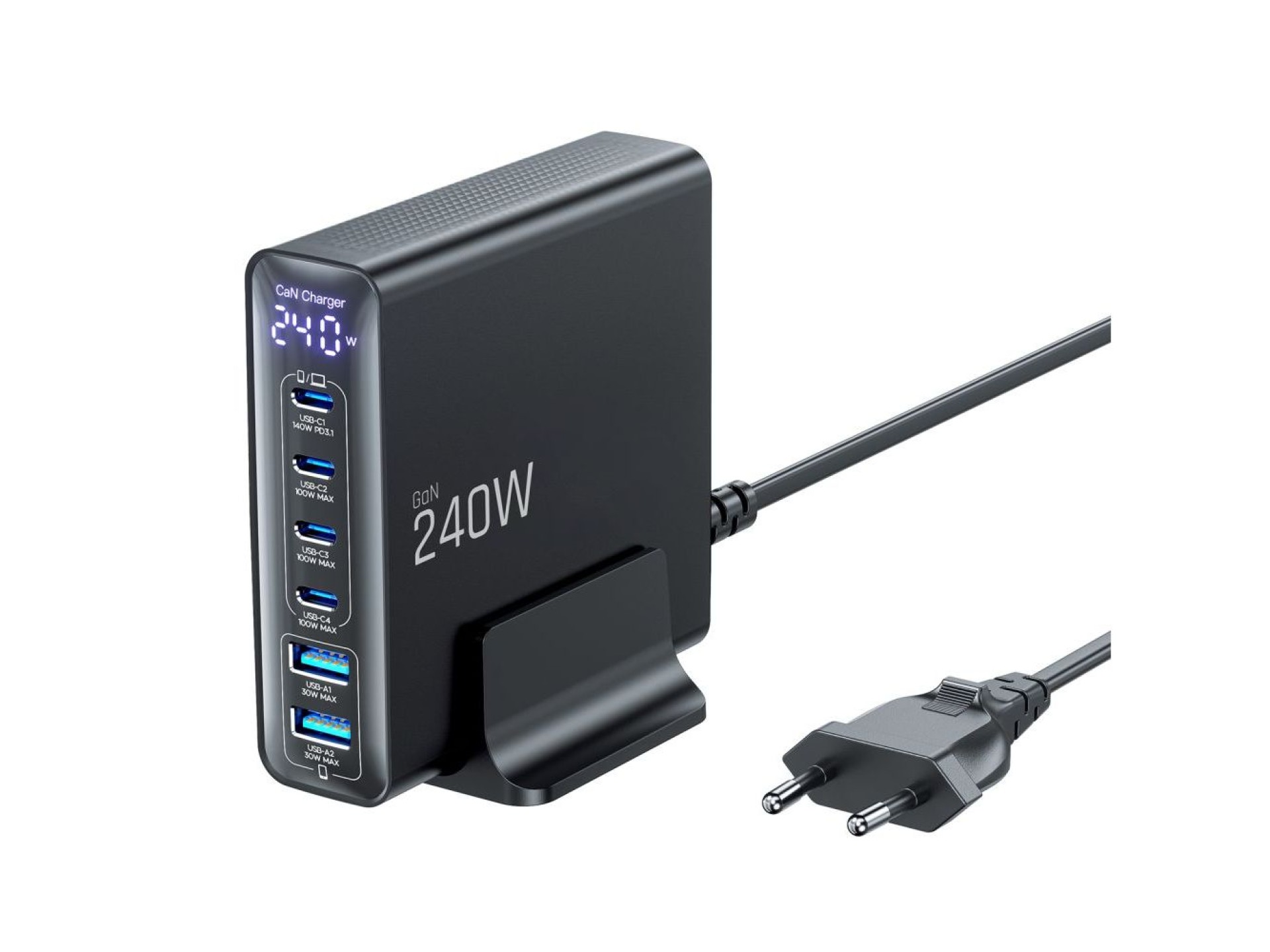 Estación de carga Tech-Protect DC240W-GaN de 6 puertos: 4 x USB-C, 2 x USB-A, 240 W, QC3.0 - Negra