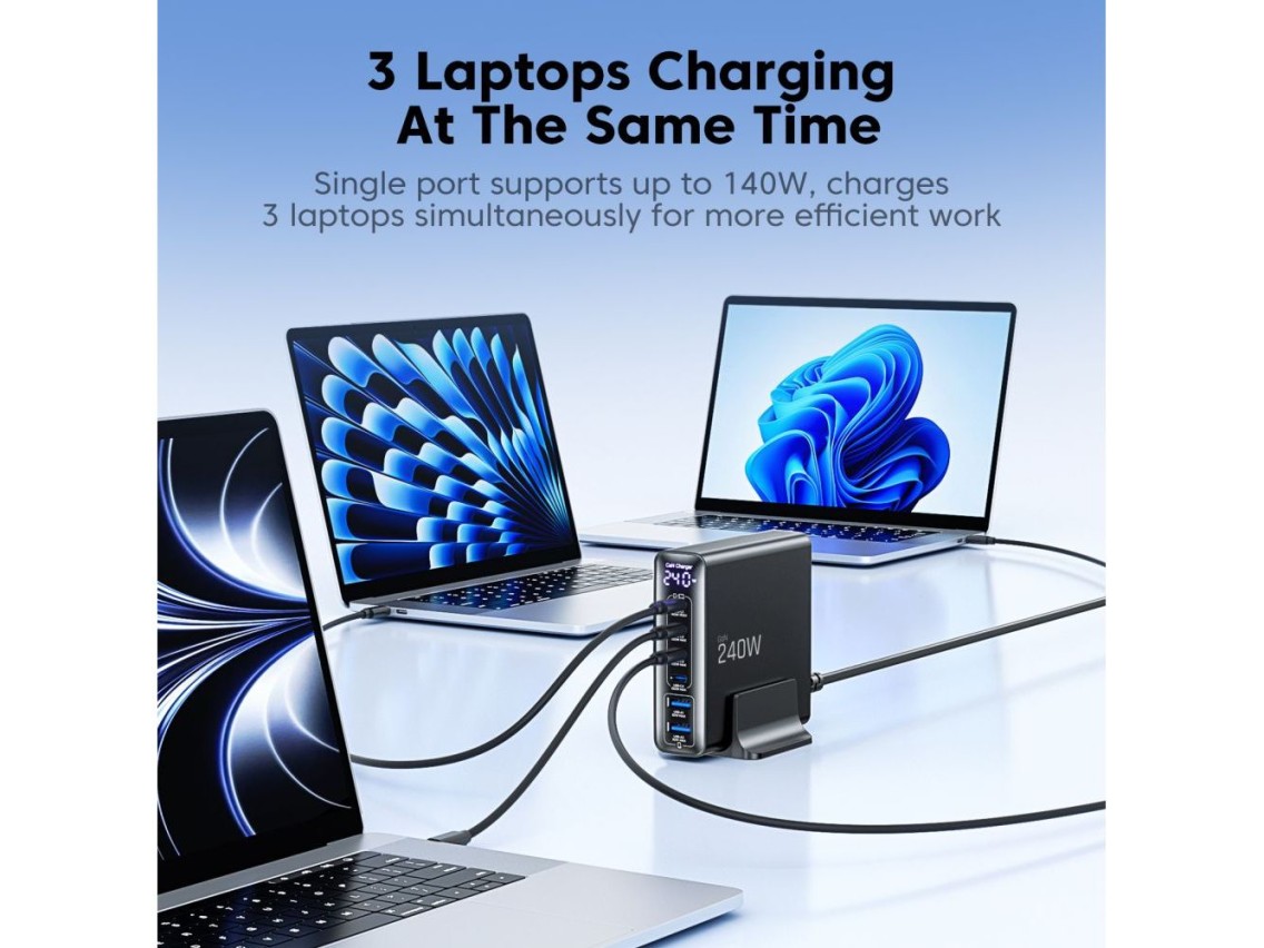 Estación de carga Tech-Protect DC240W-GaN de 6 puertos: 4 x USB-C, 2 x USB-A, 240 W, QC3.0 - Negra