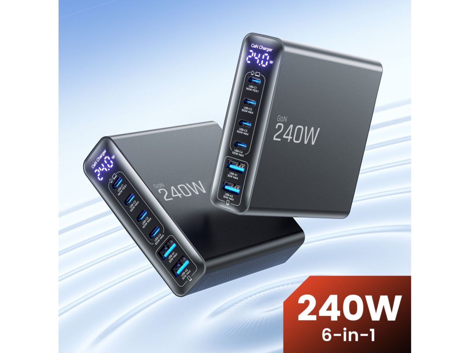 Estación de carga Tech-Protect DC240W-GaN de 6 puertos: 4 x USB-C, 2 x USB-A, 240 W, QC3.0 - Negra