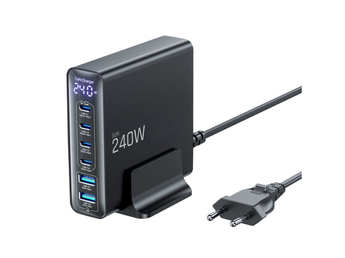 Estación de carga Tech-Protect DC240W-GaN de 6 puertos: 4 x USB-C, 2 x USB-A, 240 W, QC3.0 - Negra