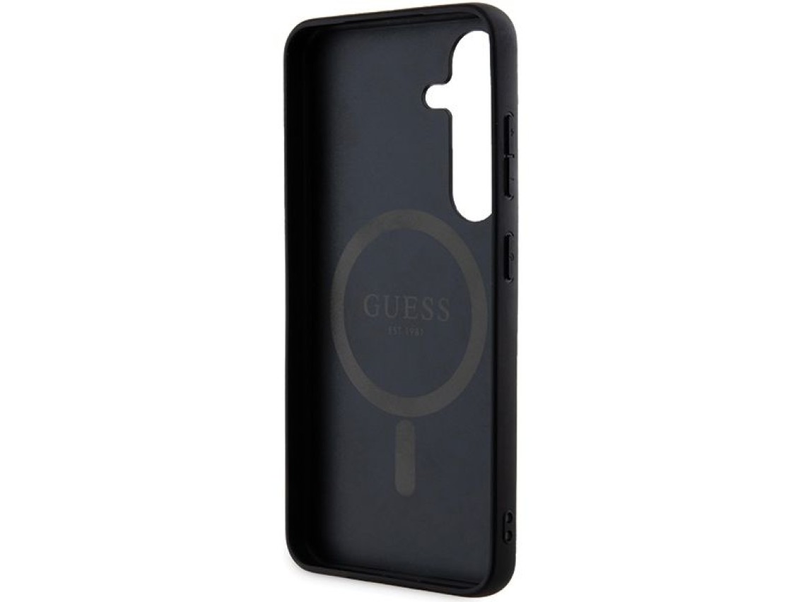 Capa Guess 4G Collection em couro com logotipo metálico e MagSafe para Samsung Galaxy S24+ - Preta